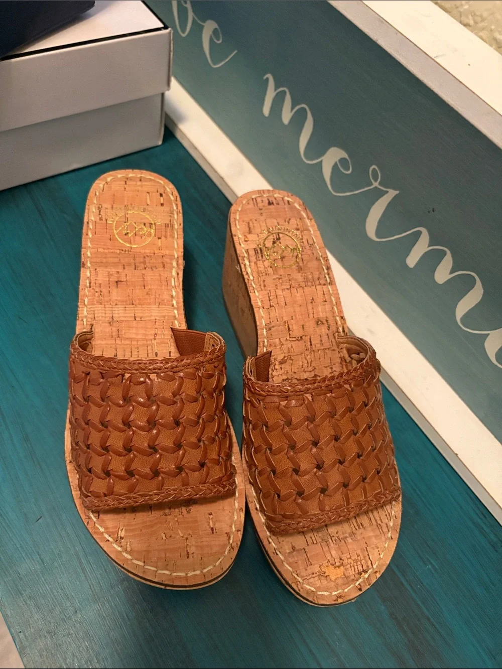 White Mountain Brown Woven Cork Wedge Slides